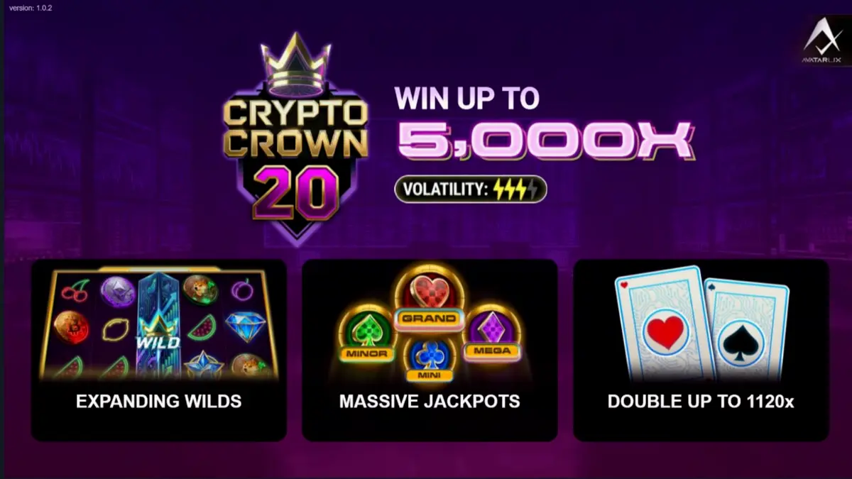Tampilan visual slot Crypto Crown 20 dengan neon futuristik