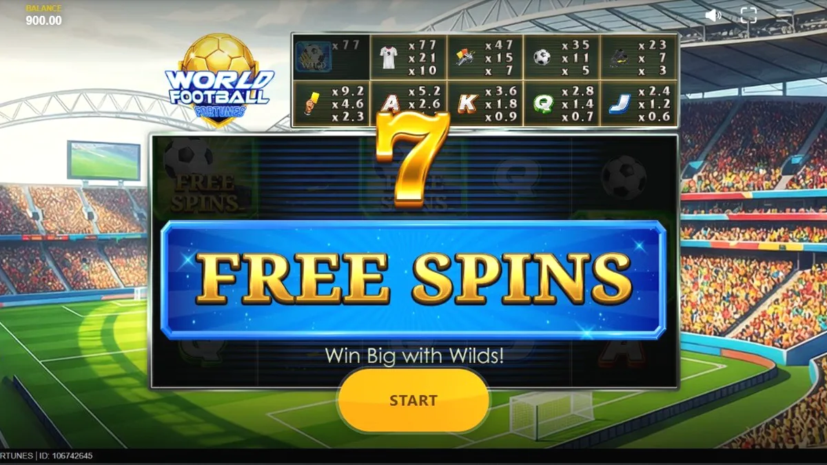 Tampilan antarmuka slot World Football Fortunes dengan latar belakang stadion