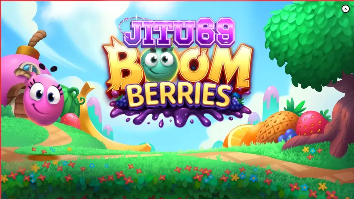Tampilan visual slot Boomberries dengan tema desa dongeng dan buah-buahan.